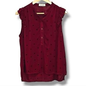Bella Dahl Maroon With Black Dots Ruffle Shoulder Sleeveless Top - Size XS